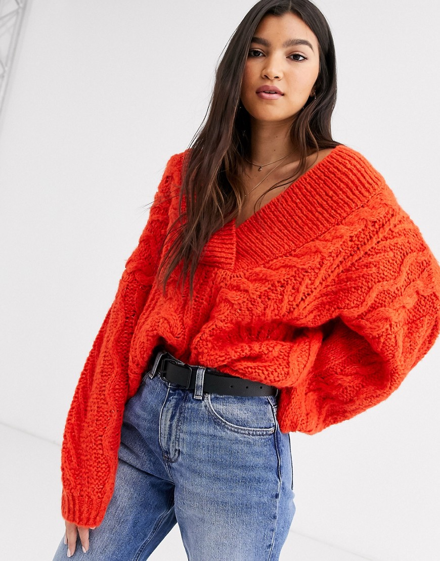 Asos Design Oversized V Neck Chunky Cable Sweater-red | ModeSens
