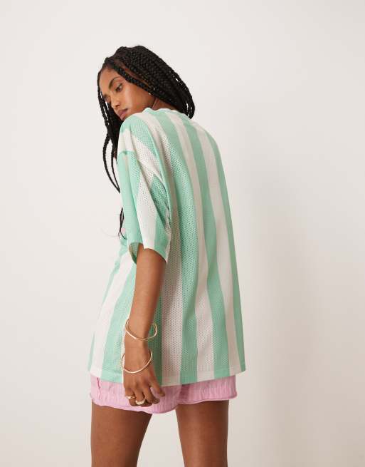 ASOS DESIGN oversized v neck football t-shirt with mallorca graphic in green stripe, 2 of 4