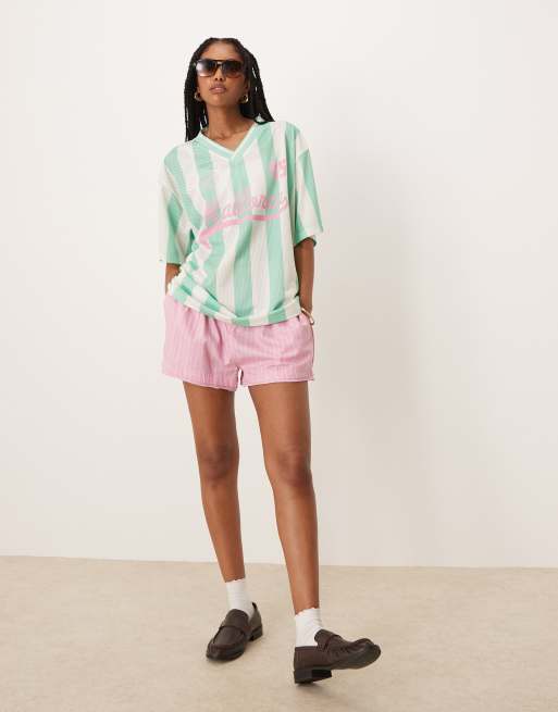 ASOS DESIGN oversized v neck football t-shirt with mallorca graphic in green stripe, 4 of 4