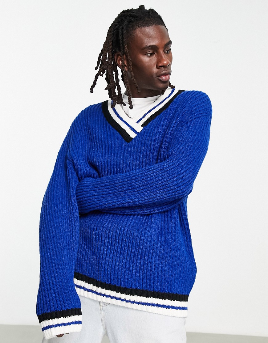 ASOS DESIGN oversized V-neck knitted jumper in blue