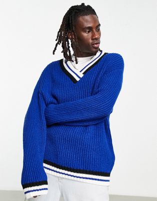 ASOS DESIGN oversized V-neck knitted jumper in blue - ASOS Price Checker