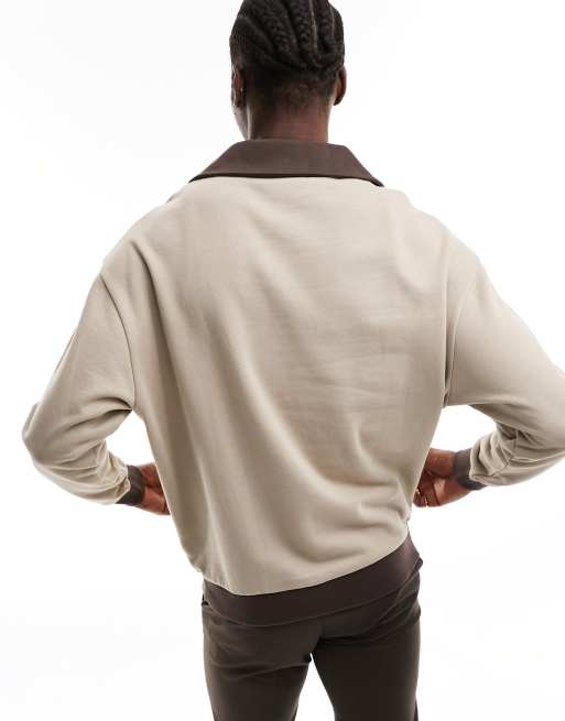 ASOS DESIGN oversized v-neck rugby sweatshirt in beige with rib collared neck, 3 of 4