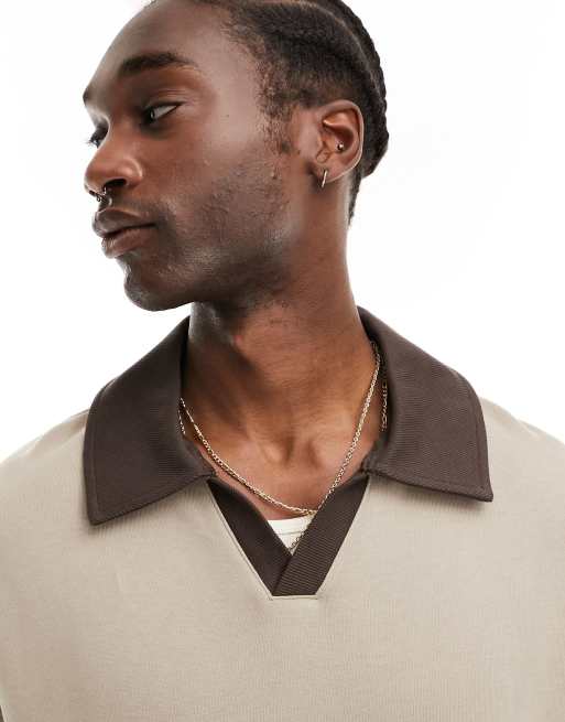 ASOS DESIGN oversized v-neck rugby sweatshirt in beige with rib collared neck, 4 of 4