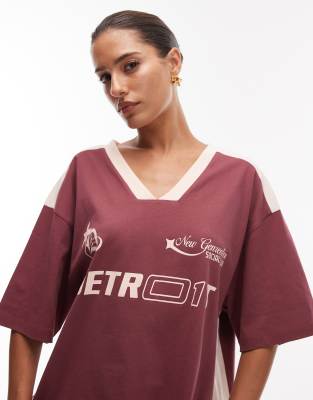 Asos Design Oversized V Neck Soccer T-shirt With Detroit Graphic In Burgundy