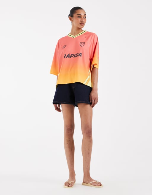 ASOS DESIGN oversized v-neck soccer t-shirt with embroidered graphic in orange ombré, 2 of 4