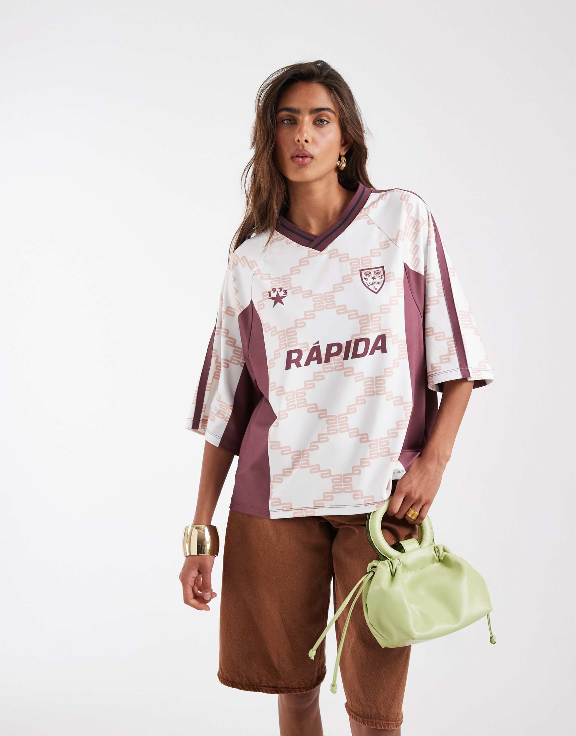 asos design oversized v neck soccer t-shirt with geometric print in peach