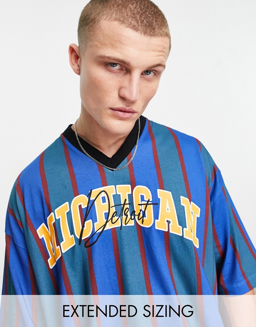 ASOS DESIGN oversized v-neck stripe T-shirt in blue with varsity front print