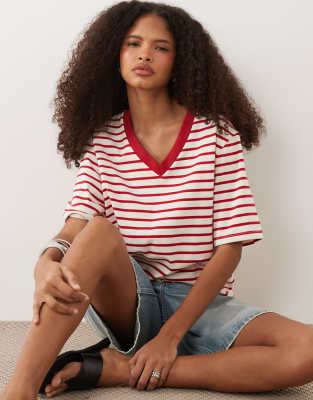 Asos Design Oversized V-neck Striped T-shirt-multi
