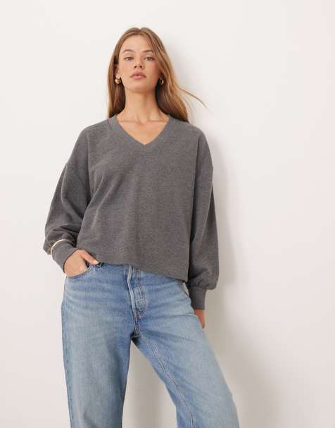 ASOS DESIGN oversized v neck sweat with cocoon sleeve in dark grey - view 1