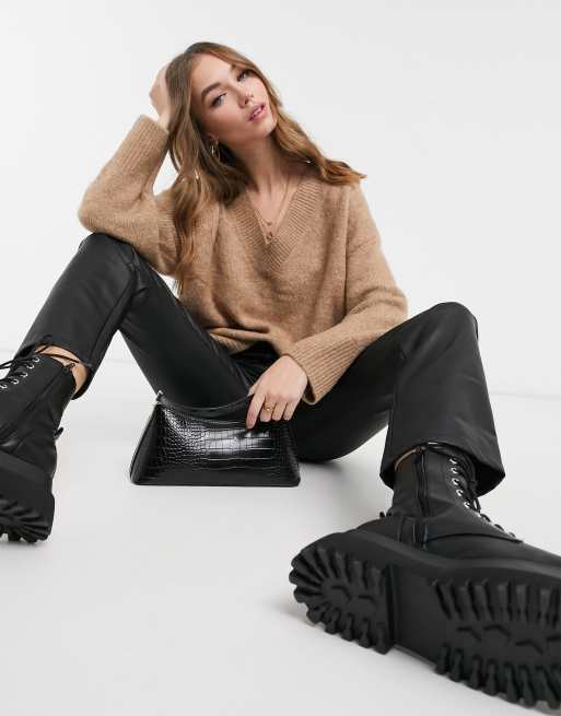 ASOS DESIGN oversized V-neck sweater in camel