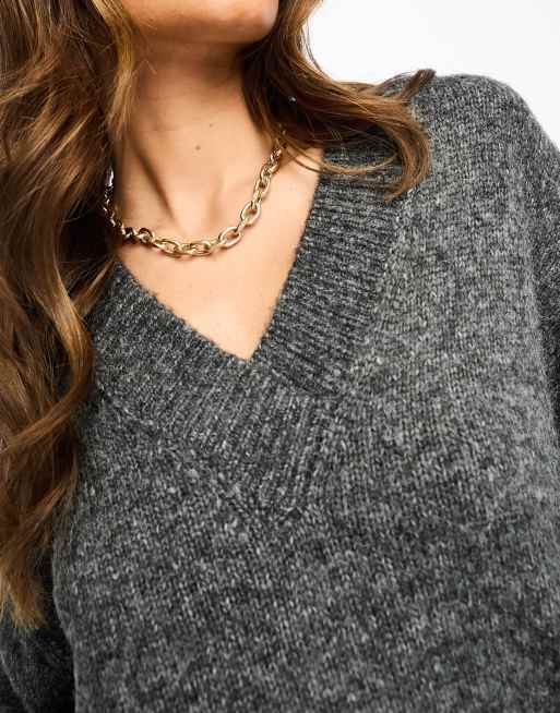 ASOS DESIGN oversized v neck sweater with side split detail in gray