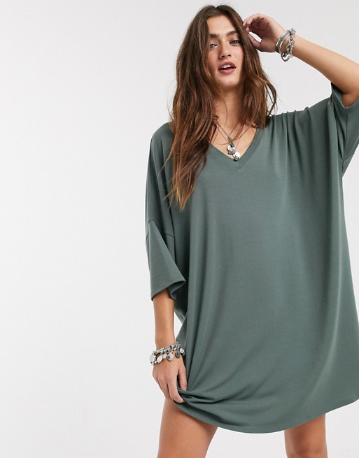 ASOS DESIGN oversized v neck t-shirt dress in grey khaki