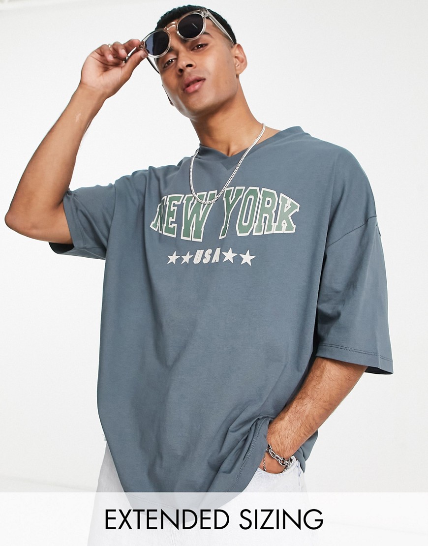 Asos Design Oversized V-Neck T-Shirt In Navy With New York City Front Print