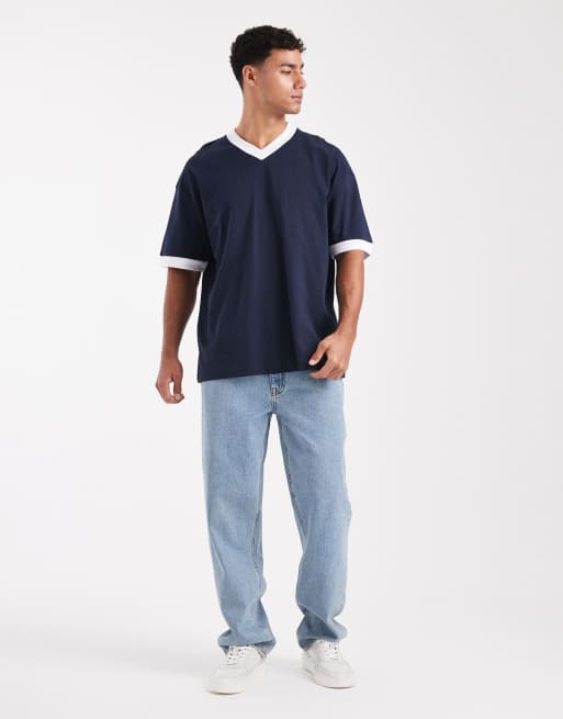 ASOS DESIGN oversized v neck t-shirt with contrast binding in navy , 2 of 5
