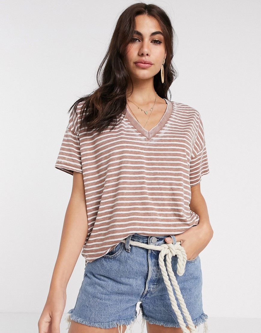 ASOS DESIGN oversized v neck t-shirt with in burnout stripe-Pink