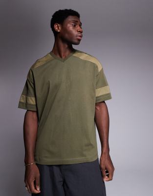 Asos Design Oversized V Neck T-shirt With Tonal Panel In Green