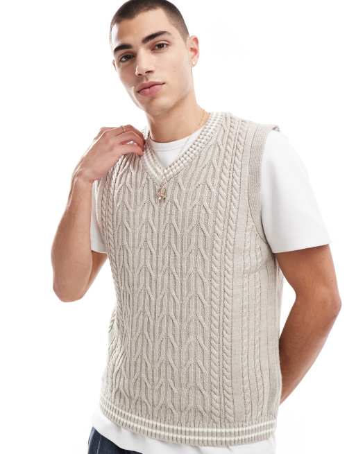 ASOS DESIGN oversized v neck tank in cable knit in cream with tipping
