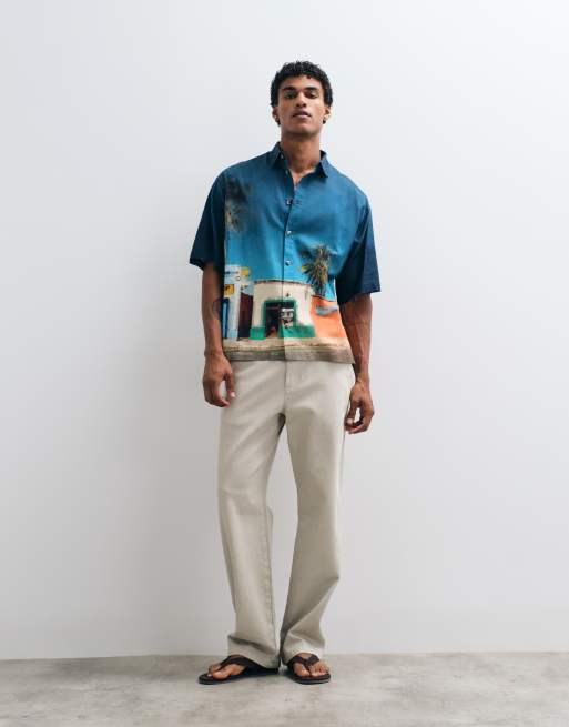 ASOS DESIGN oversized vacation print shirt with linen in blue, 2 of 5