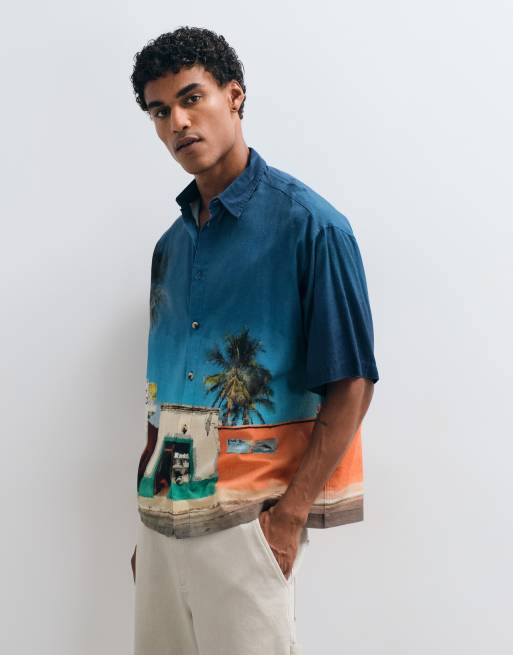 ASOS DESIGN oversized vacation print shirt with linen in blue, 4 of 5