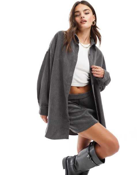 ASOS DESIGN oversized variegated cord shirt co-ord in grey - view 1