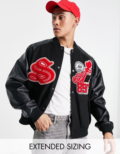 ASOS DESIGN embroidered satin varsity bomber jacket in black