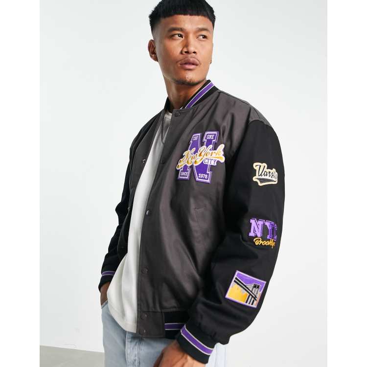 Petite Dark Purple Varsity Slogan Front Oversized Bomber Jacket