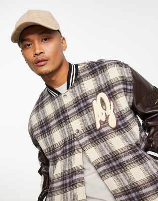 ASOS DESIGN oversized varsity bomber jacket in brown check - ASOS Price Checker