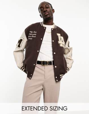 ASOS DESIGN oversized varsity bomber jacket in green and ecru cotton