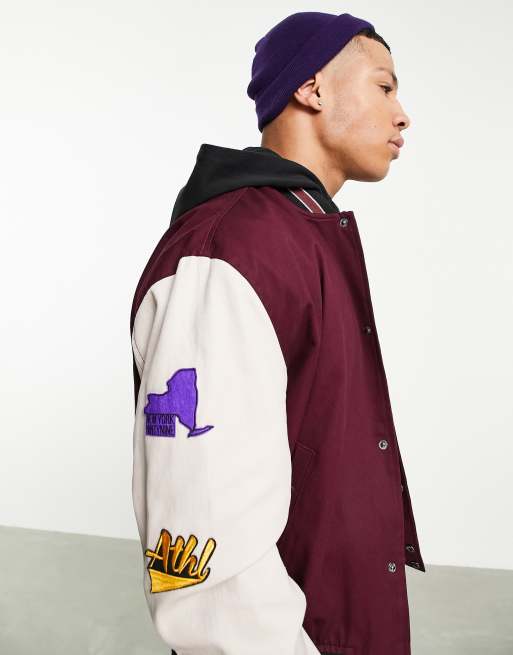 Petite Dark Purple Varsity Slogan Front Oversized Bomber Jacket