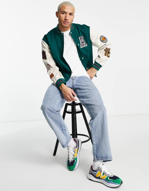 green varsity jacket look  Green varsity jacket, Casual winter outfits,  Baseball jacket outfit