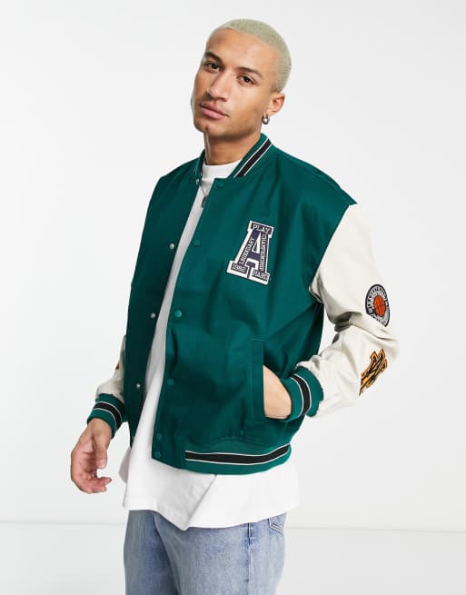 ASOS DESIGN oversized varsity bomber jacket in green – ASOS Sample Sale