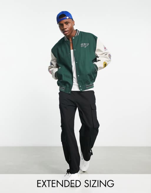 ASOS DESIGN real leather varsity bomber jacket in green