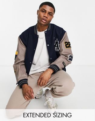 ASOS DESIGN oversized varsity bomber jacket in navy with mushroom faux-leather sleeves - ASOS Price Checker