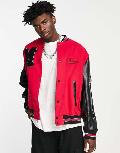 ASOS DESIGN varsity bomber jacket in tan