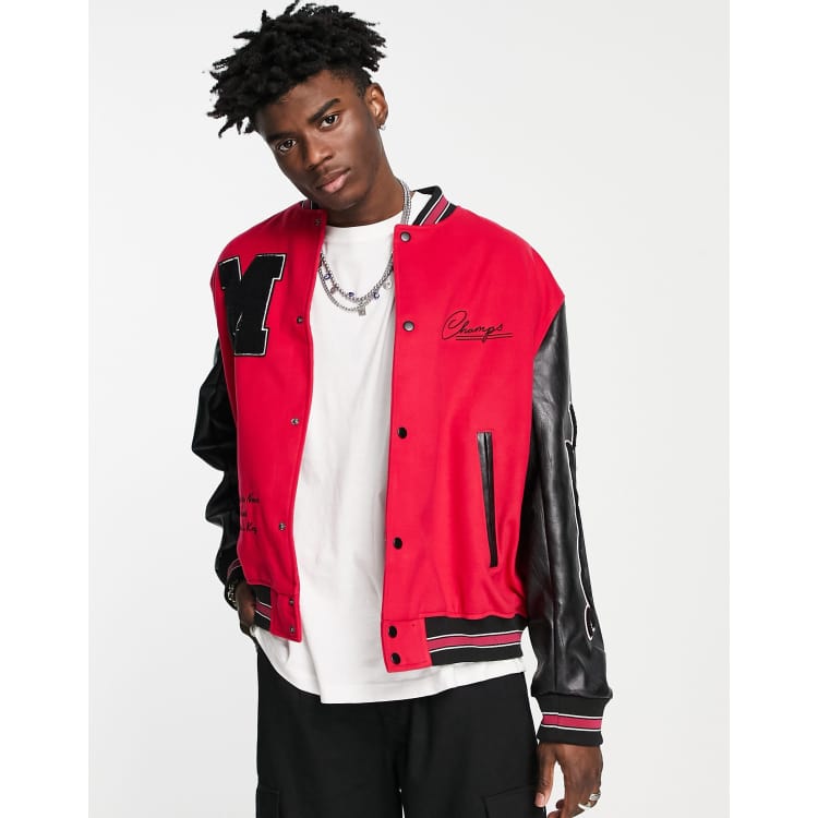 ASOS DESIGN Oversized Varsity Bomber Jacket With Faux Leather Sleeves In  Green for Men