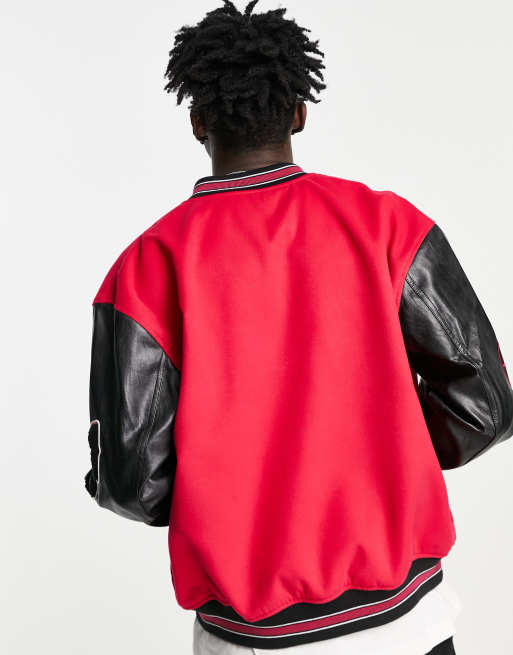 ASOS DESIGN oversized varsity bomber jacket in pink with black faux leather sleeves, 2 of 4