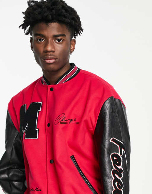 Black And Red Letterman Bomber Leather Jacket