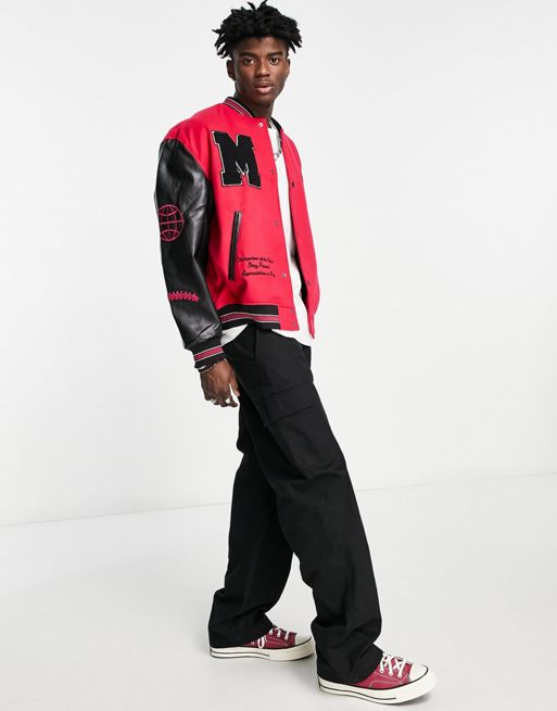 ASOS DESIGN oversized varsity jacket in red with badges