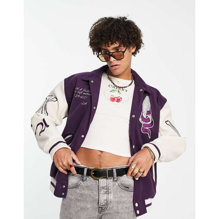 Petite Dark Purple Varsity Slogan Front Oversized Bomber Jacket