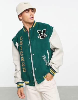 ASOS DESIGN oversized varsity bomber jacket with faux leather sleeves in green