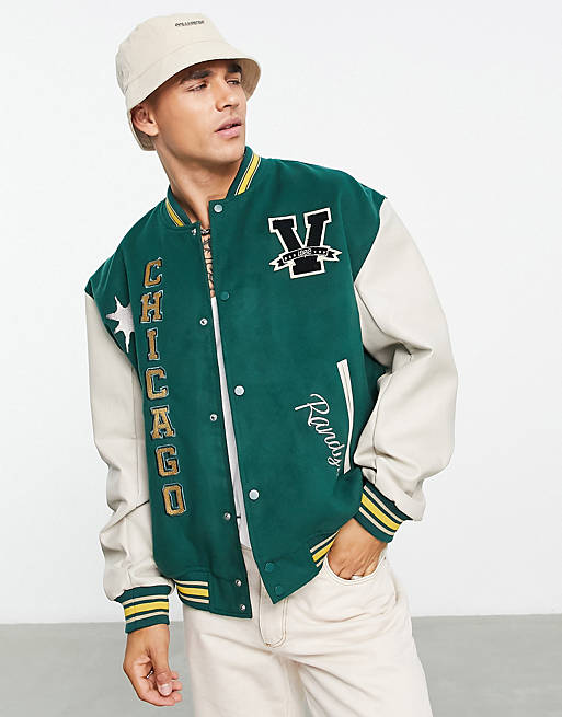 ASOS DESIGN oversized varsity bomber jacket with faux leather sleeves in  green