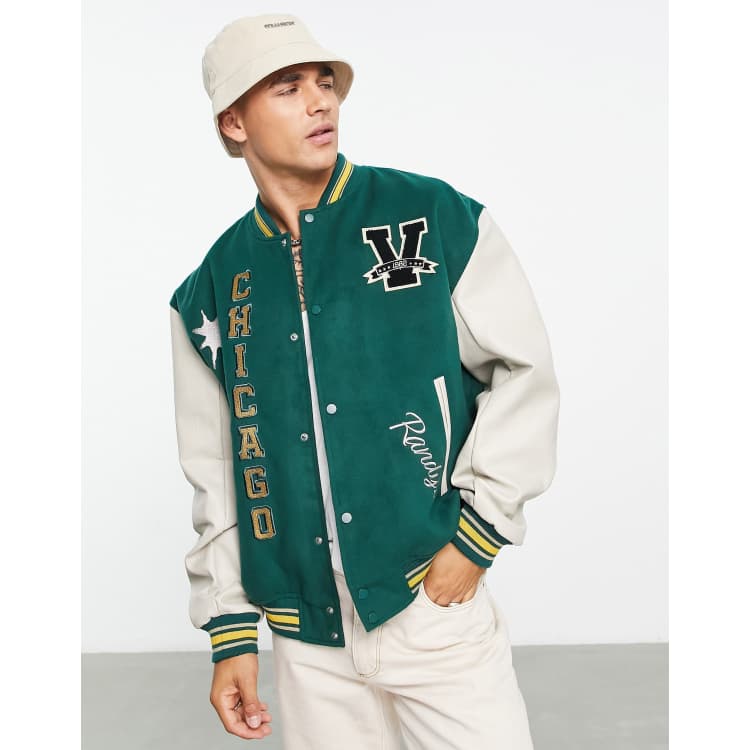 ASOS DESIGN oversized varsity bomber jacket with faux leather sleeves in  green