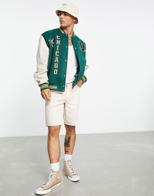 ASOS DESIGN oversized varsity bomber jacket with faux leather sleeves in  green