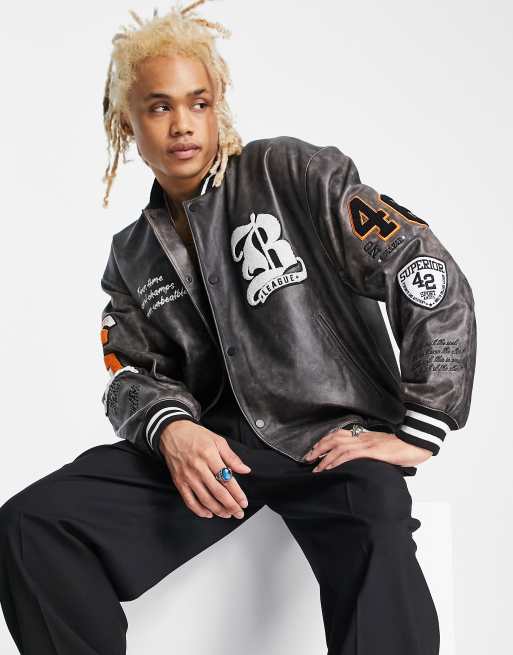 ASOS DESIGN - Oversized varsity bomberjack van echt leer in zwart