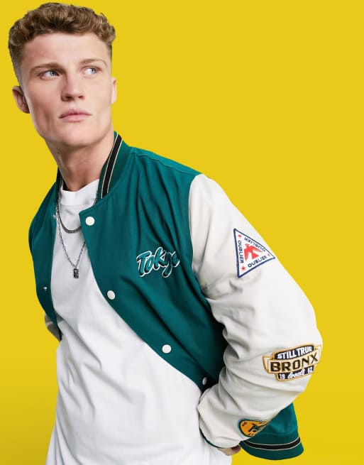 ASOS DESIGN oversized varsity bomber jacket in green and ecru cotton