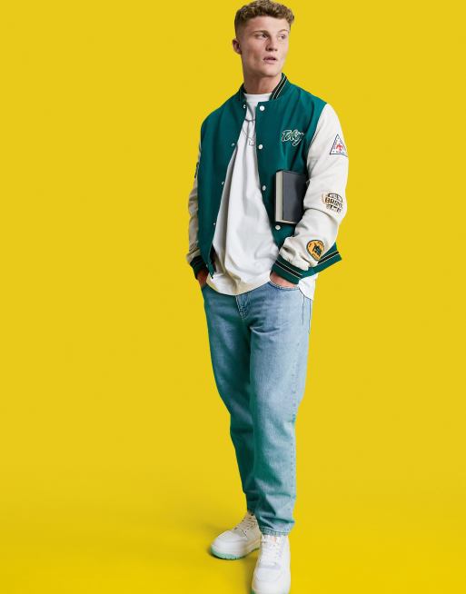 ASOS DESIGN oversized varsity bomber jacket in green and ecru cotton