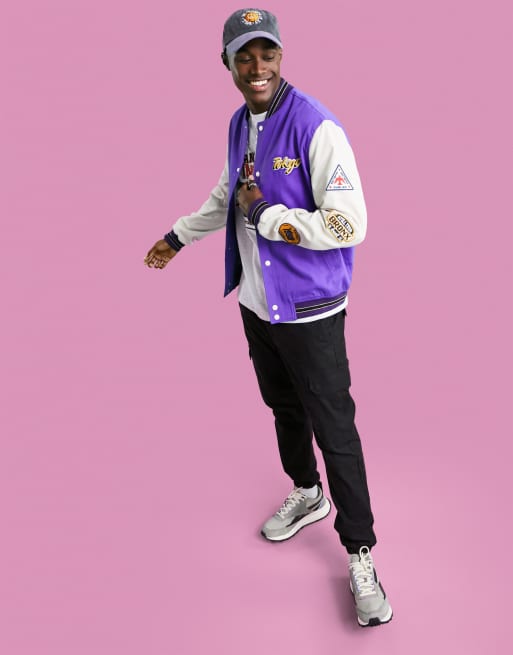 ASOS DESIGN oversized varsity bomber jacket in purple