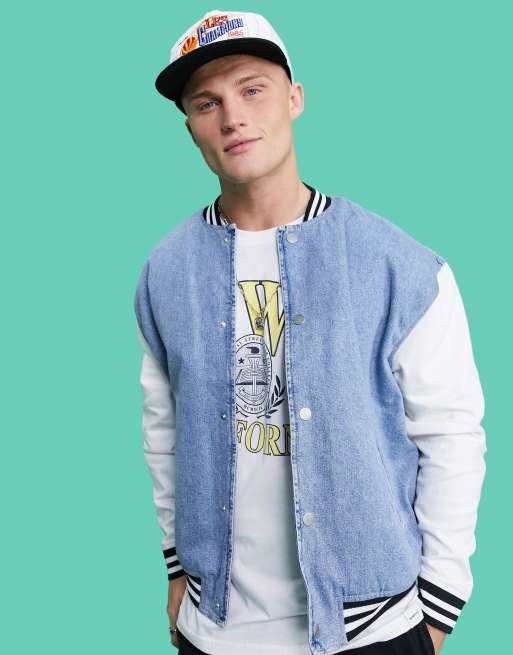 ASOS DESIGN oversized varsity denim bomber jacket with tipping in blue, 2 of 4