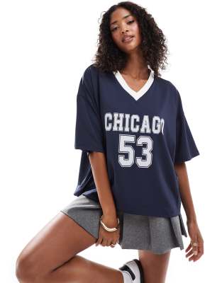 Shop ASOS DESIGN oversized varsity football shirt with graphic in navy Online – Trendy & Affordable Fashion