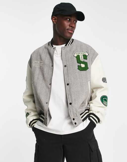 ASOS DESIGN - Oversized varsity jack in grijs visgraatdesign met contrasterende witte mouwen